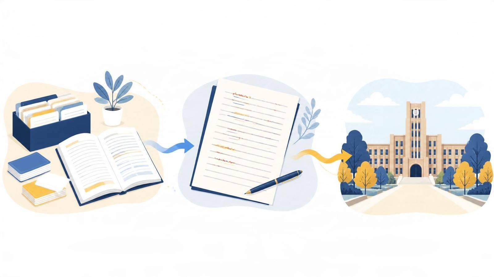 英語の基礎学習、英文添削、大学受験対策へ進む三段階を表したイラスト