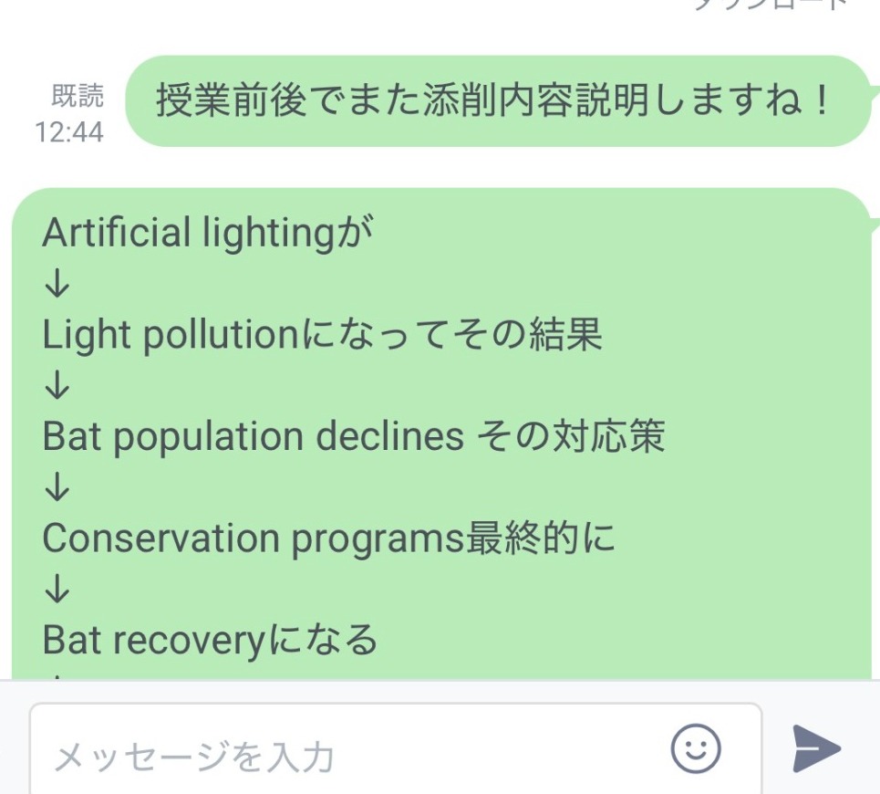 英文の因果関係をArtificial lightingからBat recoveryまで矢印で整理した添削メッセージ